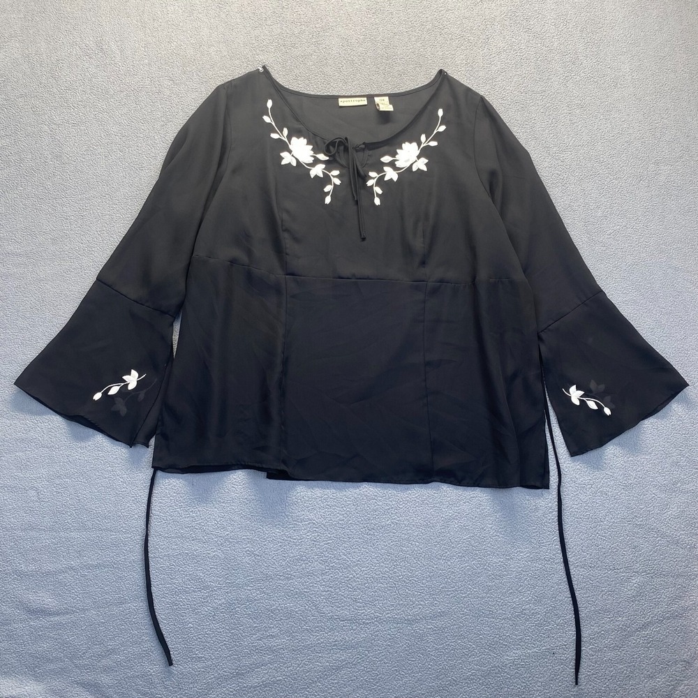 Women's Black APOSTROPHE Shirt  With Flowers  Embroidery‎ Size 22W,Bell Sleeve